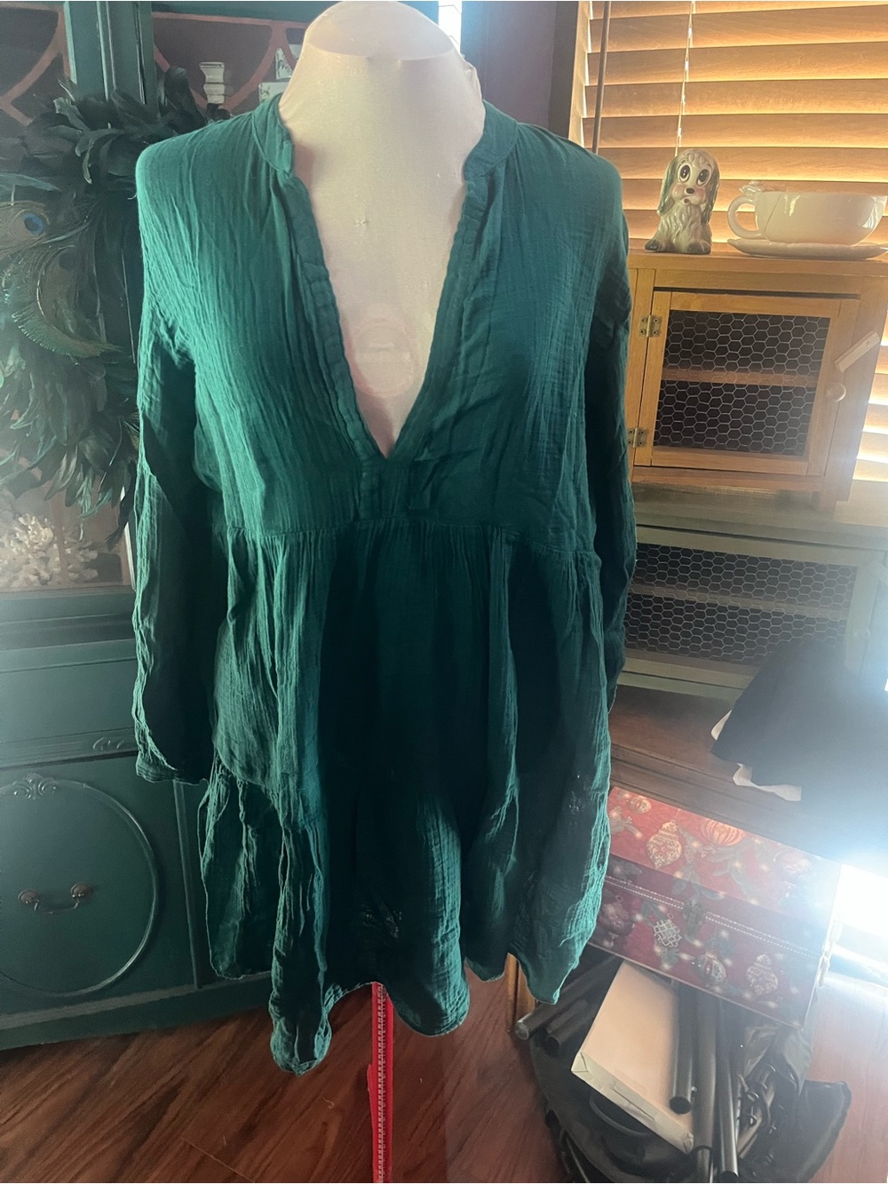Anthropologie Kallie XL Deep Forest Green V-Neck Gauze Tunic dress